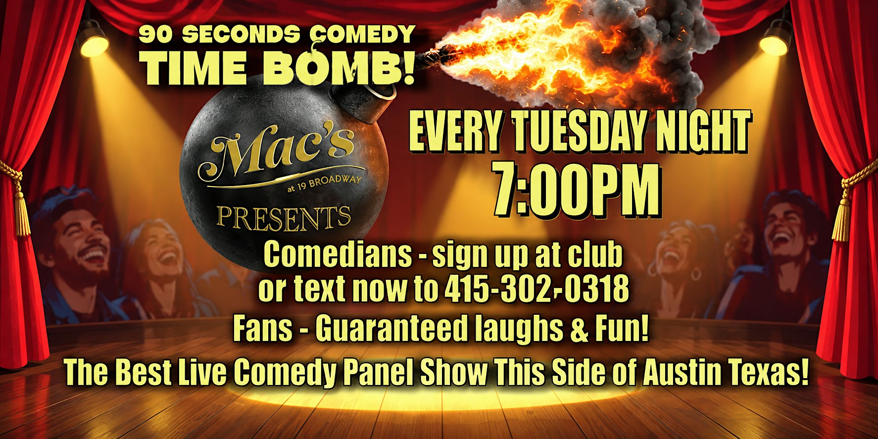 90 Seconds Comedy Time Bomb – Free Tuesday Comedy in Fairfax - Comedy at Mac’s at 19 Broadway