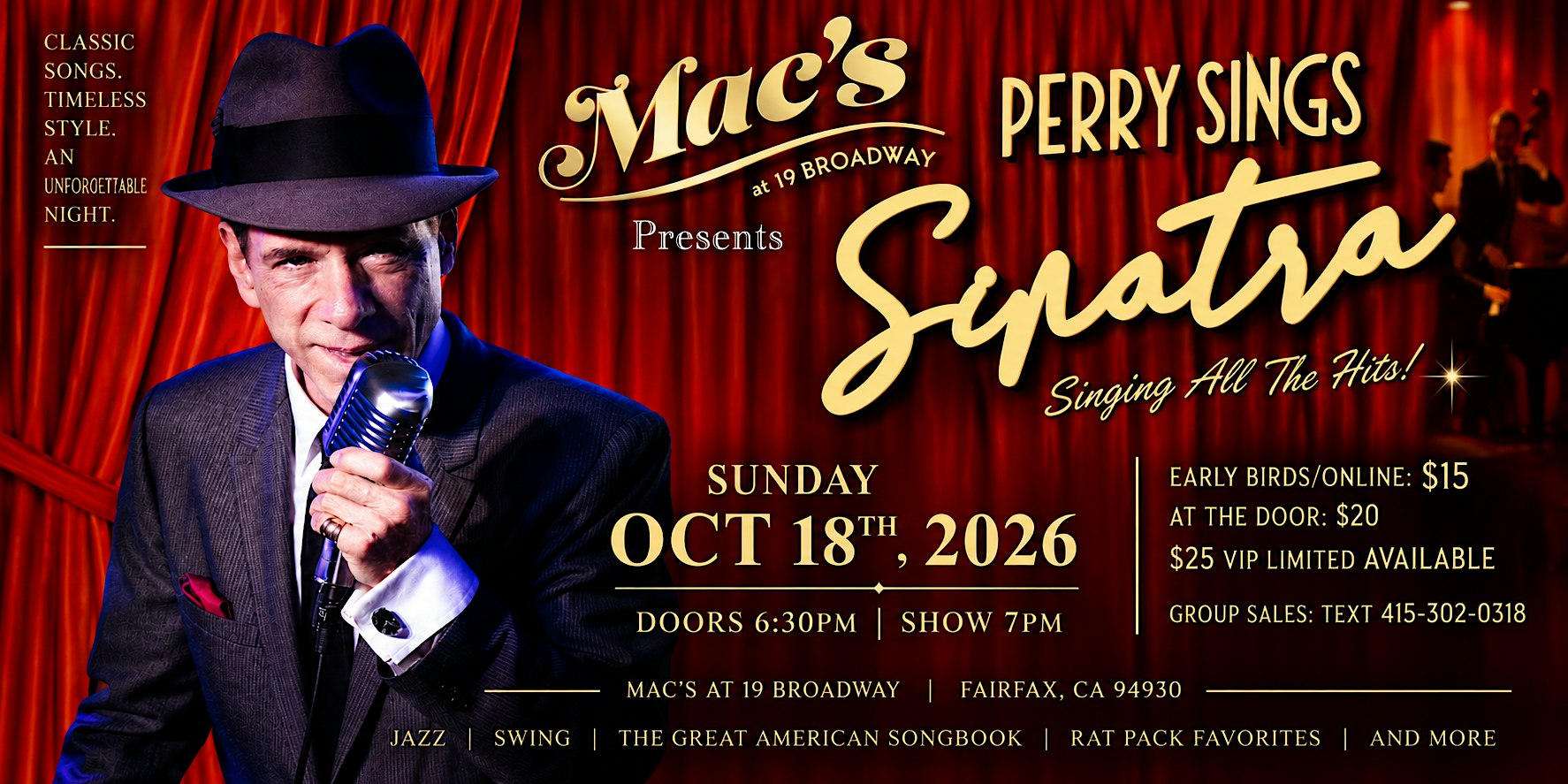 Perry Sings Sinatra: Frank Sinatra Tribute at Mac’s in Fairfax, CA - Live Music at Mac’s at 19 Broadway
