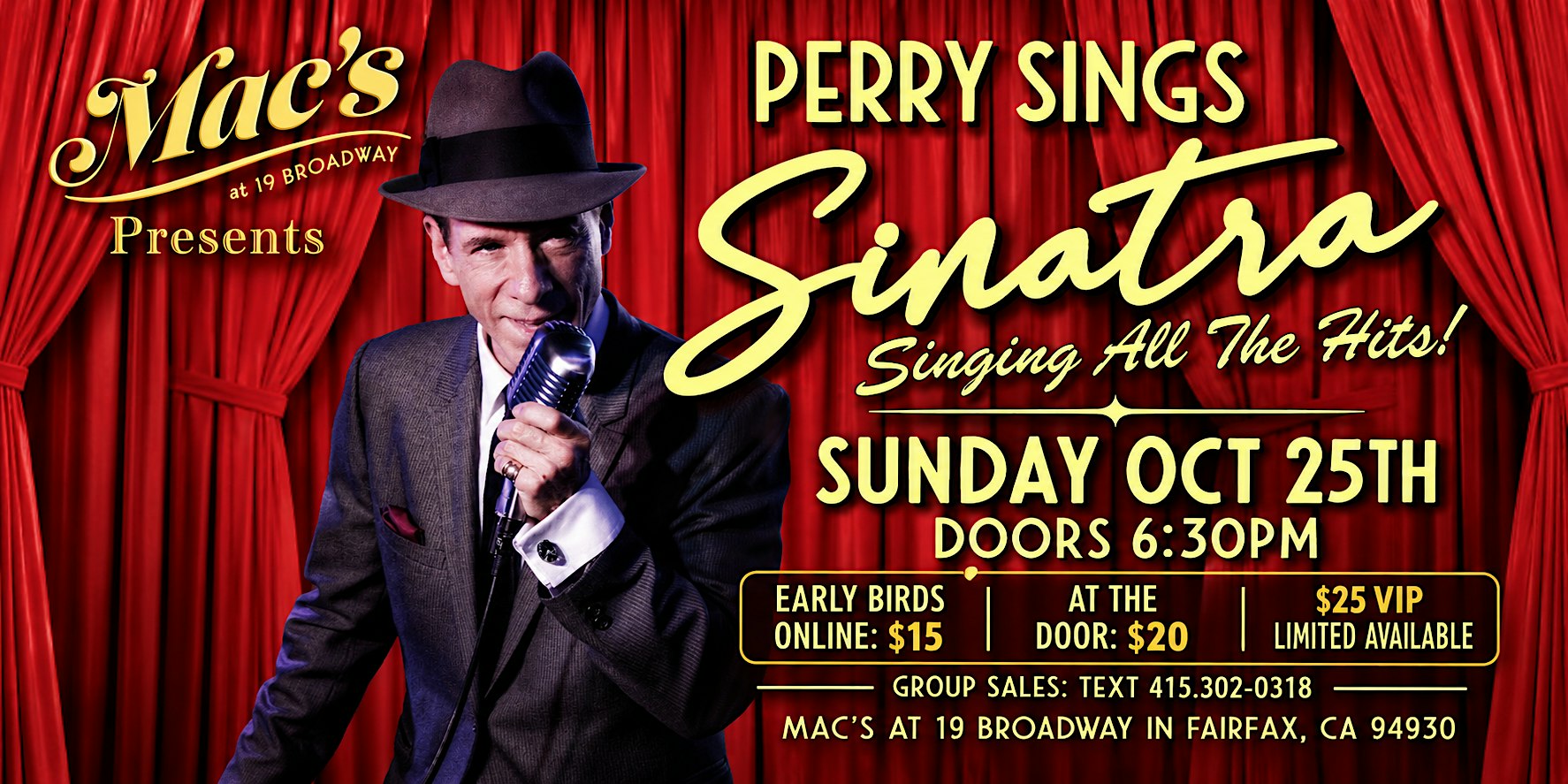 Perry Sings Sinatra: Frank Sinatra Tribute | Fairfax, CA - Live Music at Mac’s at 19 Broadway