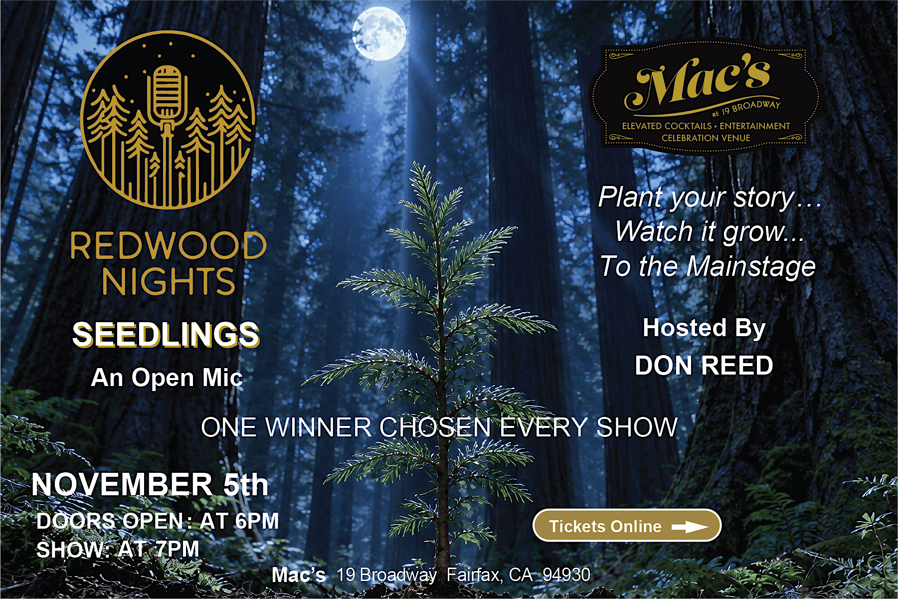 Redwood Nights: Seedlings – Open Mic Storytelling | Fairfax, CA - Storytelling at Mac’s at 19 Broadway